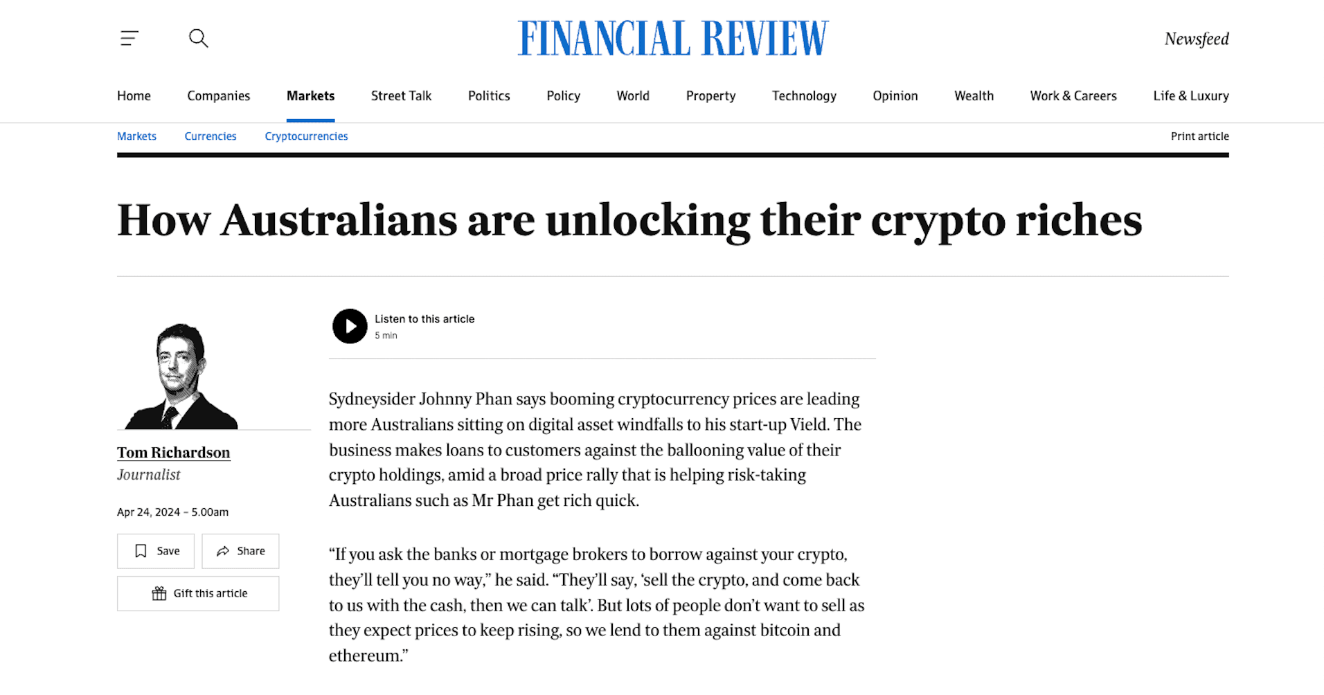 Vield Featured in The Australian Financial Review (AFR)
